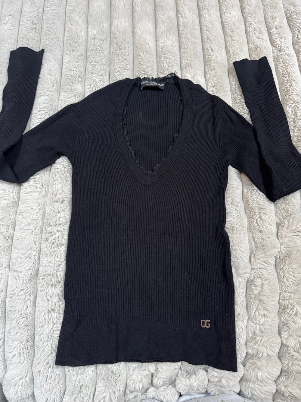 Dolce & Gabbana Black Ribbed V-Neck Knit Top with lace detailing